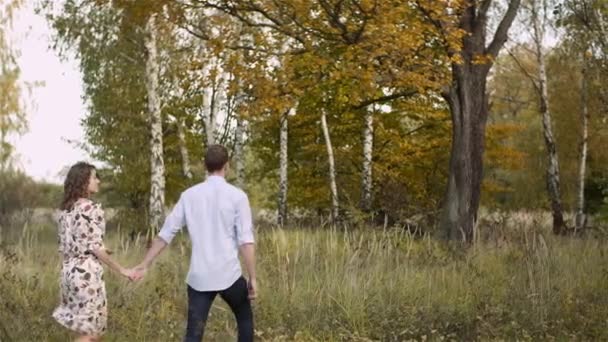 Casal jovem Caminhando em um prado. Positivo Jovem Poeple Felicidade. — Vídeo de Stock