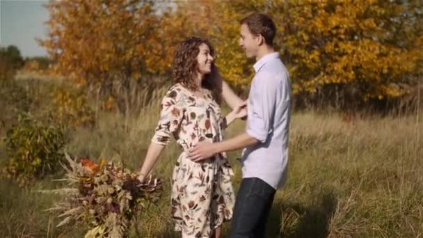 一对年轻夫妇在草地上散步。积极的年轻诗人的快乐. — 图库视频影像
