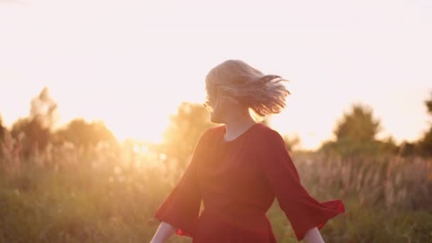 सूर्यास्त पर सकारात्मक मुस्कुराते महिला का चित्र — स्टॉक वीडियो