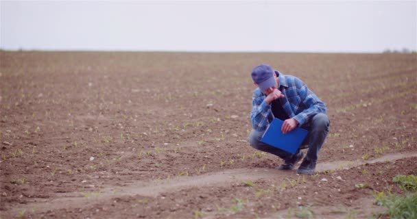 Botánico masculino reflexivo que examina las plantas del campo de la agricultura mientras que escribe en portapapeles — Vídeo de stock