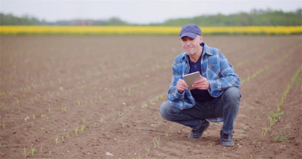 Landbouwers onderzoeken agrarische veldplanten tijdens het werken aan digitale tabletcomputer op boerderij. — Stockvideo