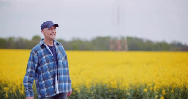 Farmář zkoumá zemědělské pole při práci na digitálním tabletu počítače na farmě. — Stock video