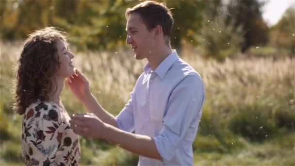 Young Couple in Love Holding Hands Together in Forest. — Stock Video