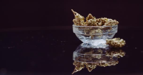 Primer plano del Cannabis girando sobre fondo negro. — Vídeos de Stock