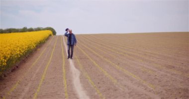 Tarım - Tarım Çiftçisi veya Tarım Tarlasında Yürüyen ve Tecavüz Tohumu Sarı Çiçeklerine Bakan Tarımcı.