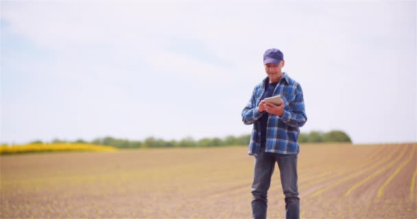 Agricultor examinando cultivos de colza en Farm Agriculture Concept. — Vídeos de Stock