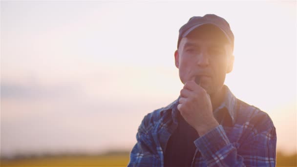 Agricoltore moderno di successo fumare la sua pipa sul campo Wile esame colture Agricoltura. — Video Stock