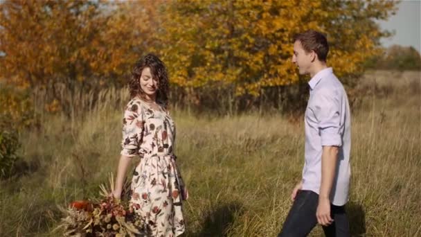 Casal jovem apaixonado andando no prado no verão Conceito de pureza. — Vídeo de Stock