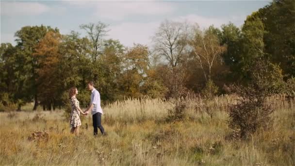 Νεαρό ζευγάρι στην αγάπη κρατώντας τα χέρια μαζί στο δάσος. — Αρχείο Βίντεο