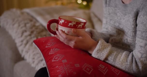 Vrouw Holding Cup of Coffee in handen met Kerstmis — Stockvideo