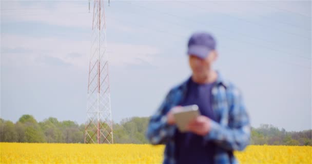 Agricultor verificando culturas de campo de colza com tablet digital contra belo campo de colza amarelo. — Vídeo de Stock