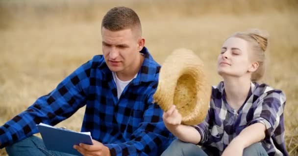 Young Farmers Discussing At Wheat Field — Stock Video