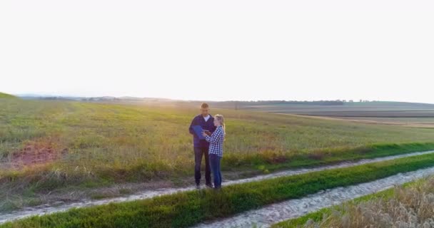 Jóvenes agricultores discutiendo en el campo de maíz — Vídeo de stock