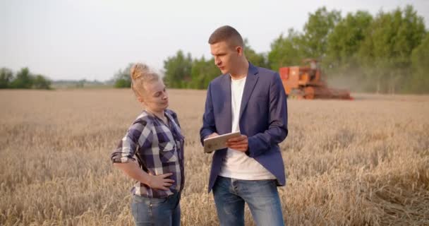 Landwirtschaft - Bäuerinnen und Bäuerinnen unterhalten sich während der Ernte auf dem Weizenfeld — Stockvideo