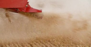 Çiftlikteki hasat makinesinin yakın plan görüntüsü.