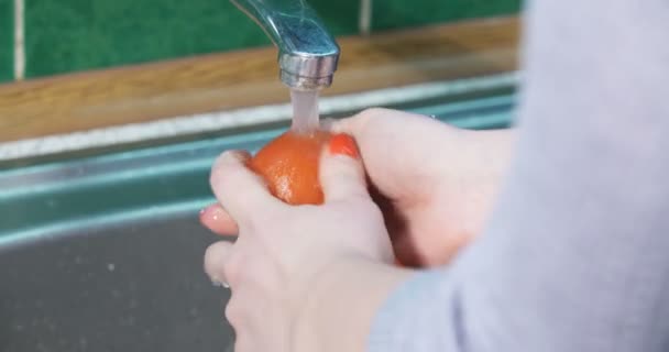 Ženské ruce myjí čerstvou zeleninu. Čistící rajčata. — Stock video