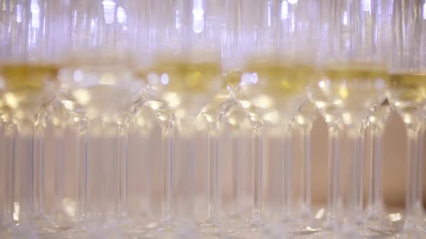 Champagnergläser vor der Party auf dem Tisch — Stockvideo