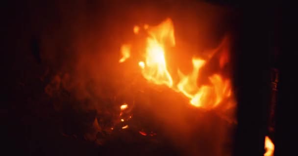 Ateş evde şenlik ateşi ya da şömine yakıyor. — Stok video