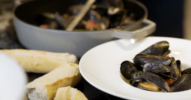 Chef is het versieren van de mossel schotel — Stockvideo