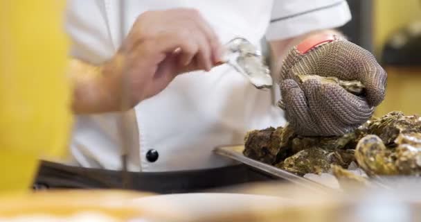 शेफ मोहक रेस्टॉरंटमध्ये ओयस्टर डिश तयार करीत आहे . — स्टॉक व्हिडिओ