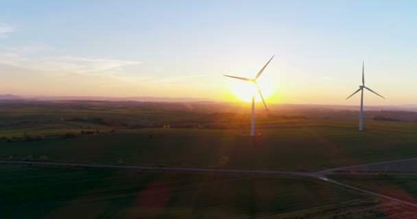 Wiev aéreo de moinhos de vento fazenda. Produção de energia elétrica — Vídeo de Stock