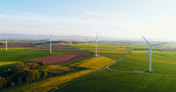 Widok z powietrza na farmę wiatraków. — Wideo stockowe