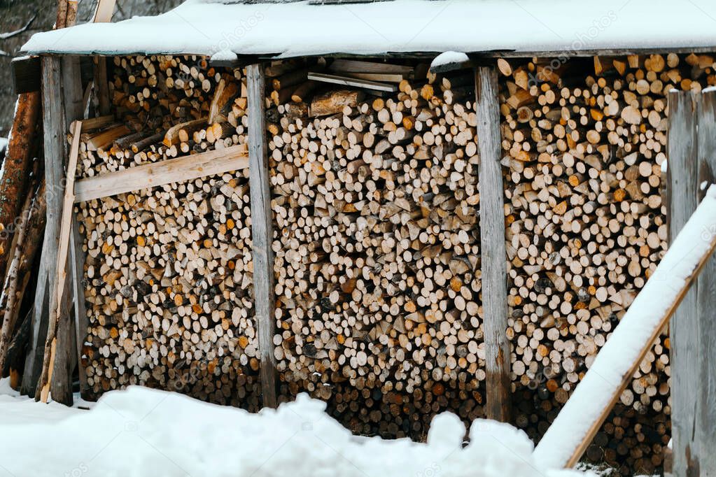 Woodshed with cutten wood in WInter