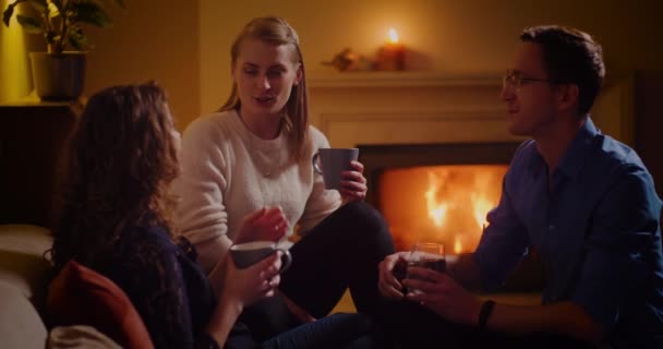 Reunión de amigos durante la Navidad. Fondo de Navidad Chimenea en el fondo. — Vídeo de stock