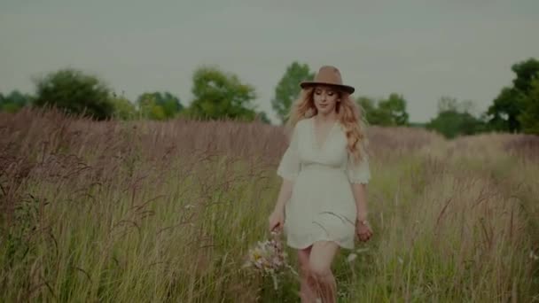 Mulher Boho Caminhando em um prado no verão — Vídeo de Stock