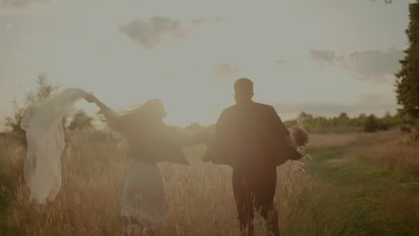 Pareja joven despreocupada caminando y sonriendo de vacaciones en el campo - Concepto de libertad y felicidad. — Vídeos de Stock