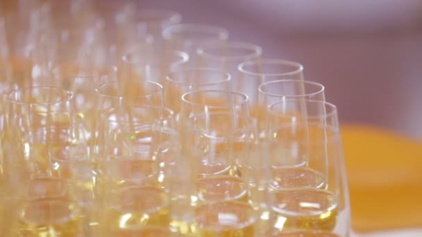 Decorated champagne flutes on table during wedding — Stock Video