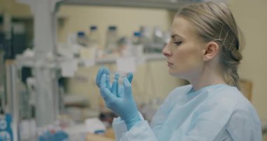 Female scientist analyzing petri dishes conducting virus research in a medical laboratory.