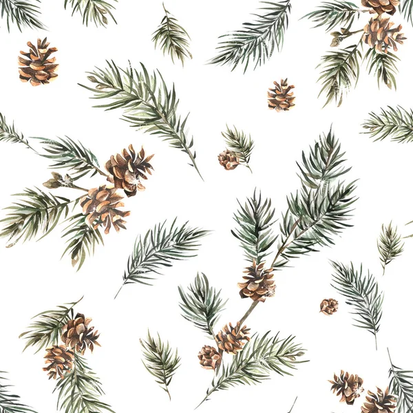 Seamless Winter Pattern Fir Branches Cones Snowflakes Seamless Watercolor Hand — Stock Photo, Image