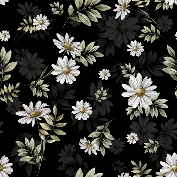 Kusursuz Botanik Desen Papatya Çiçekleri Yaprakları Ile Illüstrasyon — Stok fotoğraf