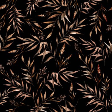 Kusursuz çiçekli ve botanik desenli ve elle çizilmiş suluboya, kurumuş çiçekler ve yapraklı resimli.