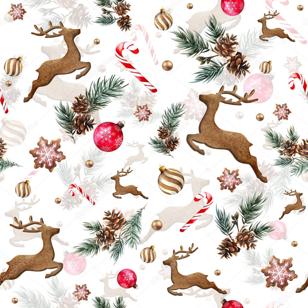 seamless christmas pattern with fir branches, candy, cones, deer and cookies. seamless winter watercolor background