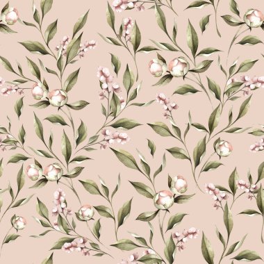 Şakayık tomurcukları, böğürtlenleri ve yaprakları olan kusursuz botanik desenleri. Çiçek illüstrasyonu ve geçmişi