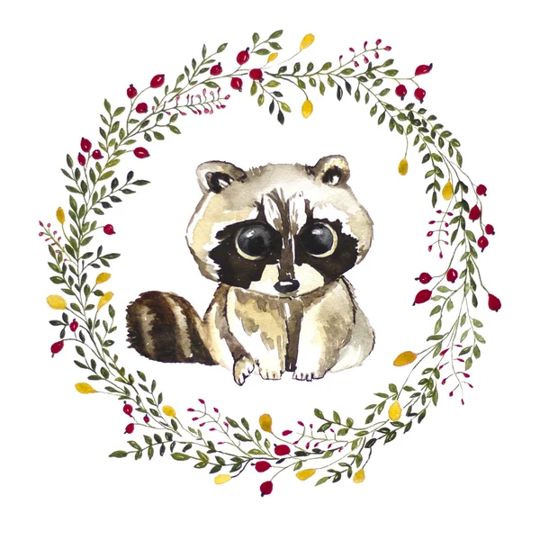 Çiçekli Çerçeve ile suluboya Rakun