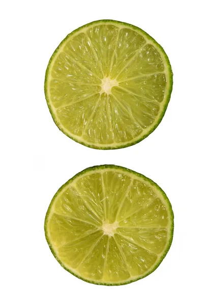 Lime Split Middle Reveals Juicy Green Flesh Isolated White Background — Stock Photo, Image