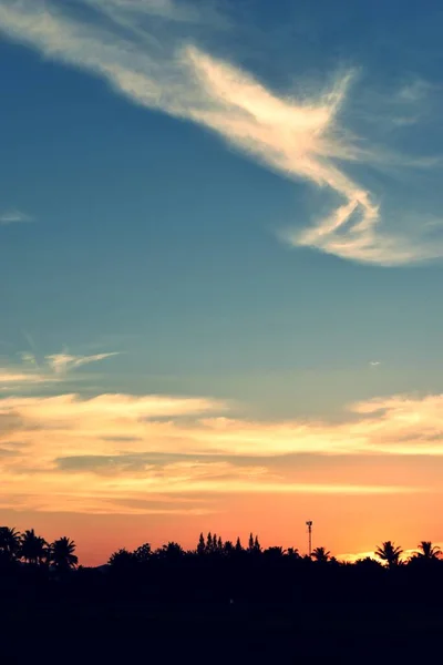 美丽的云彩在蓝天上褪褪了色 树和手机天线塔的轮廓在夕阳的映衬下 地平线上的光影开始变成橙色 戏剧化的云雾区 — 图库照片