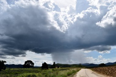 Büyük yağmur bulutlarının dağlarda yağmur perdeleri, yol boyunca Beton yol ve ananas plantasyonu vardır, varış noktasına giderken genellikle ön planda büyük engeller vardır.