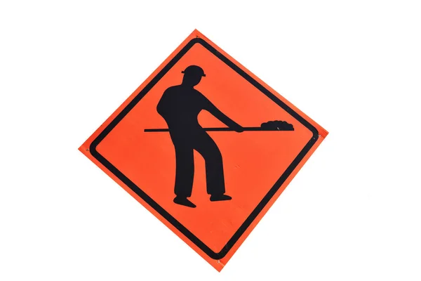 道路工程或正在施工的警告路标 工人标志在白色背景的橙色广场上 — 图库照片