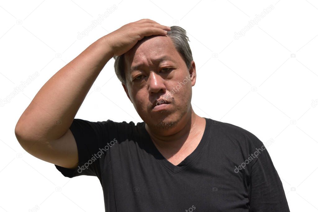Asian middle-aged man wearing a black shirt on white background , Chinese men use his hand to rub gray hair in Thailand