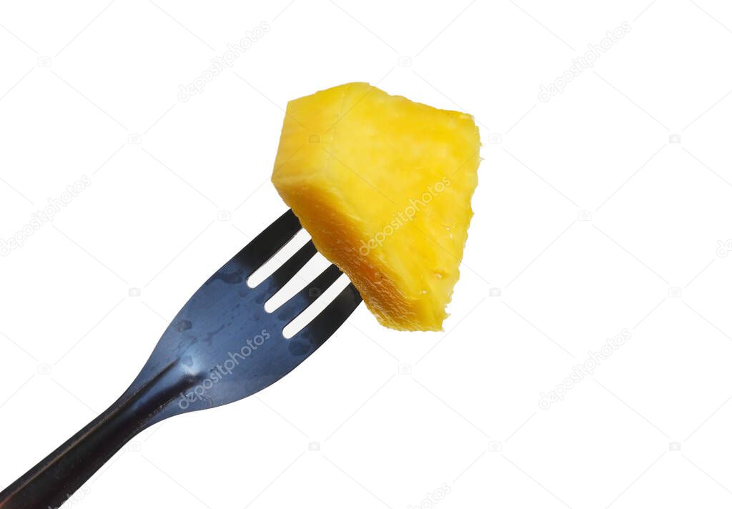 One piece of yellow pineapple fruit on a fork isolated on white background
