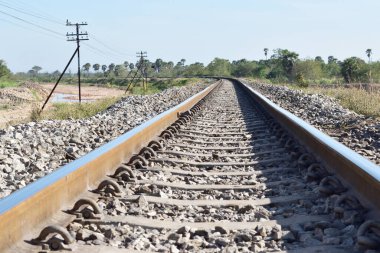 Tayland 'da yol boyunca orman ve telgraf direğiyle demiryolu, eski usul demiryolu taşımacılığı.