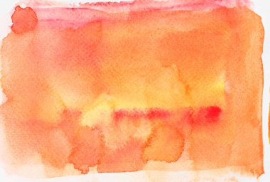 Sarı yüzeyde pembe ve turuncu lekeli kırmızı, soyut arkaplan ve akrilik renkli resmin çizimi