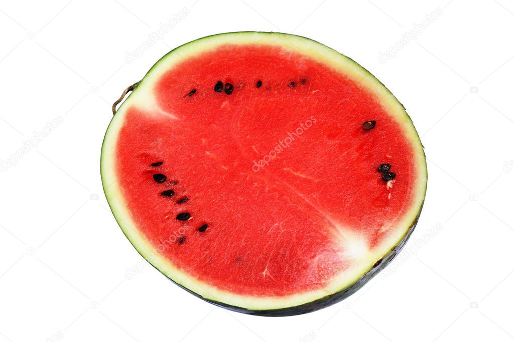 Sliced of watermelon isolated on white background, Red juicy fruit flesh with green crust