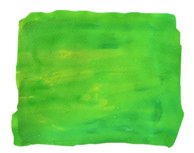 Yeşil yüzeyde sarı lekeler, beyaz arkaplanda izole edilmiş akrilik renk resminden soyut arkaplan ve çizimler