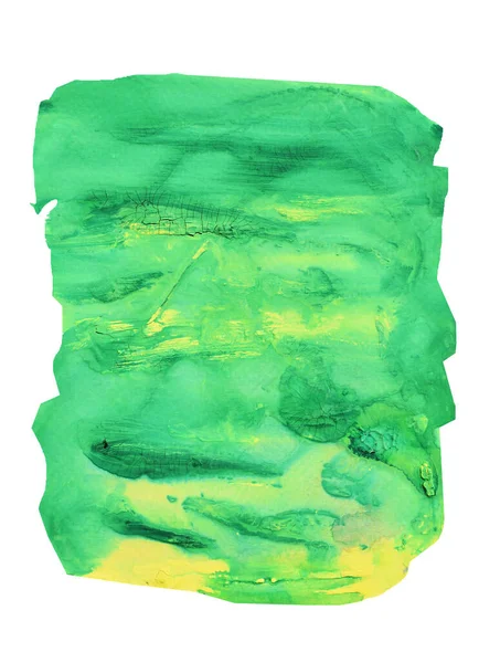 緑の表面に黄色と白の汚れの流れ 白の背景に隔離されたアクリル絵具からの抽象的な背景とイラスト — ストック写真