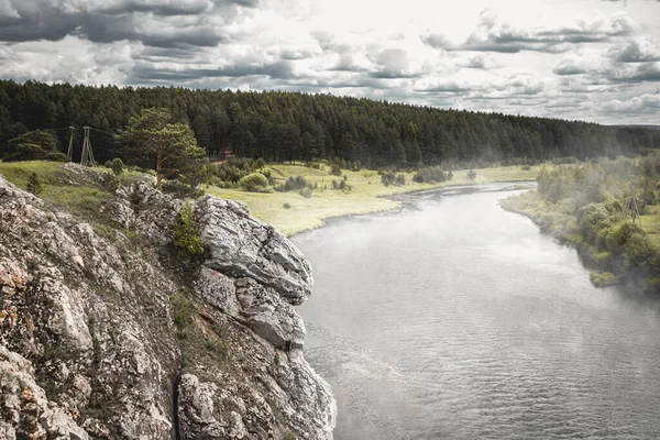 Fog Chusovaya River Rocks — Stockfoto